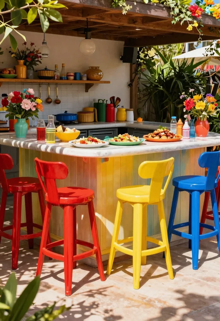 11 Chic Patio Bar Stool Inspiration for Outdoor Kitchens 5. Bold Colors to Brighten the Space 0