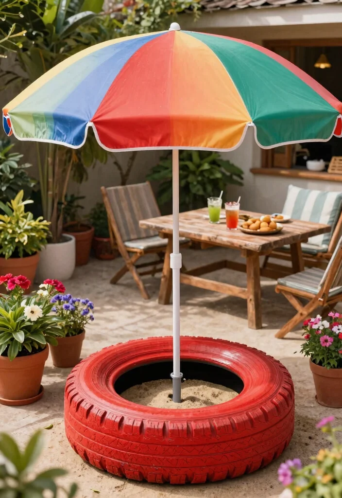 11 Easy Umbrella Base DIY Ideas Save Money 11. Recycled Tire Base 0