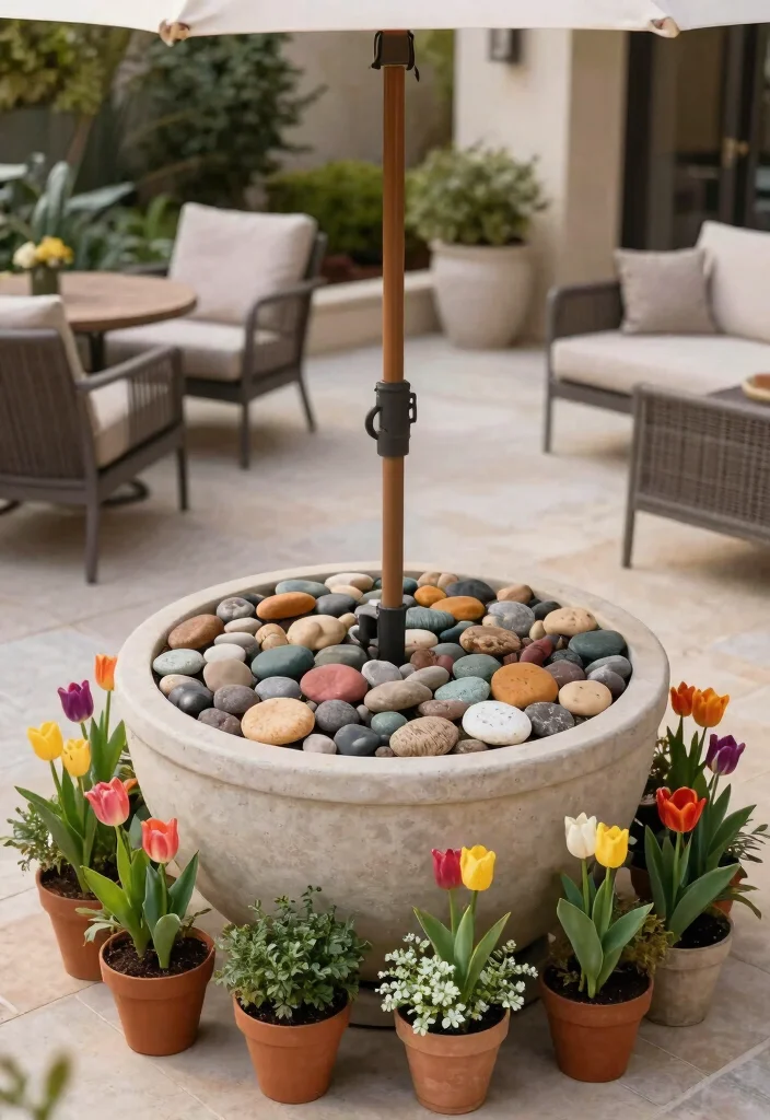11 Easy Umbrella Base DIY Ideas Save Money 4. Decorative Stone Base 0