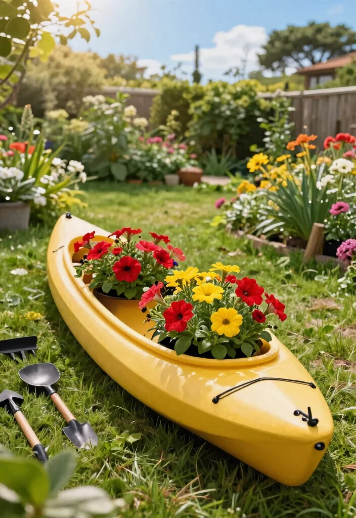 11 Fun Colorful Kayak Storage Ideas Outdoor Displays 1. Kayak Planter Display 0