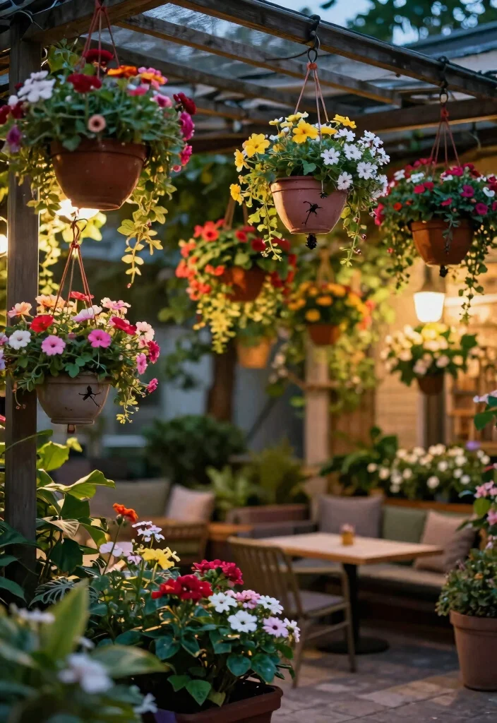 11 Genius Bug Zapper Hanging Ideas for Outdoor Patios 10. Colorful Hanging Baskets with Bug Zapper Inserts 0