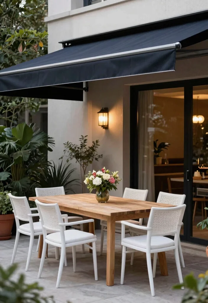 11 Modern Awning Ideas for a Stylish Patio with Retractable Pergolas 3 11 Modern Awning Ideas for a Stylish Patio with Retractable Pergolas 3. Contemporary Contrast Dark Awnings with Light Furniture 0