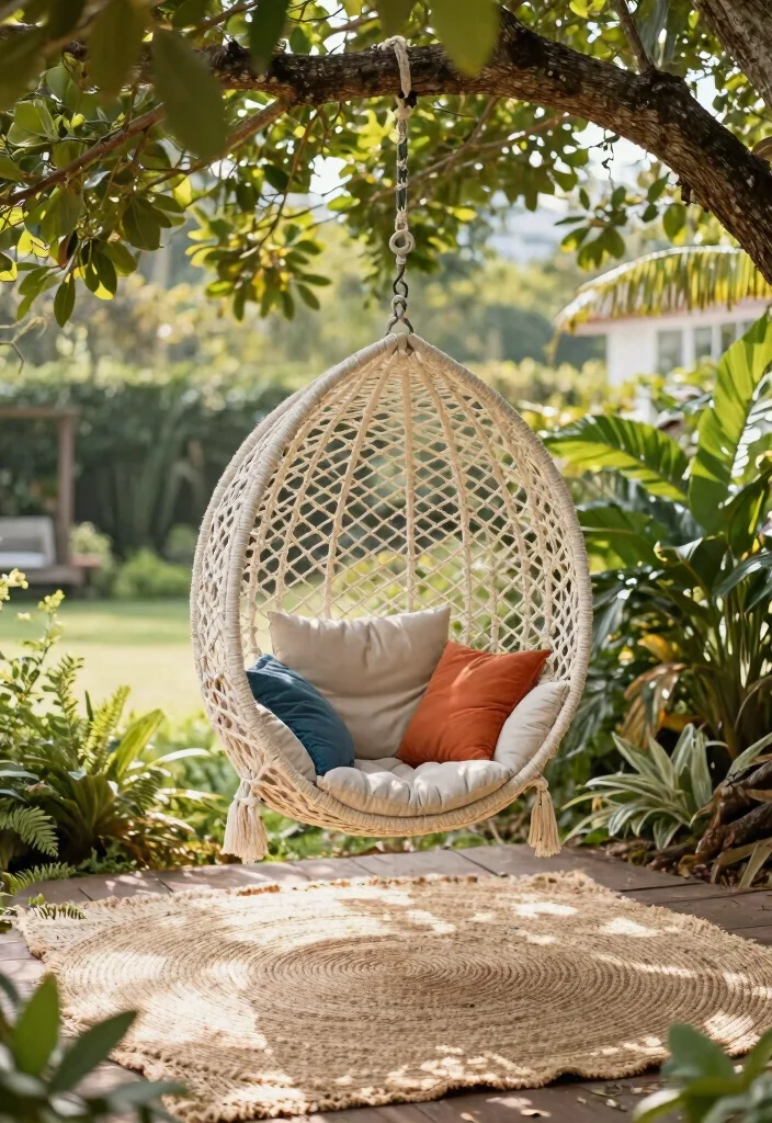 11 Natural Outdoor Jute Rug Patio Ideas Boho Vibe 4. Chair Swings and Jute Rugs 0
