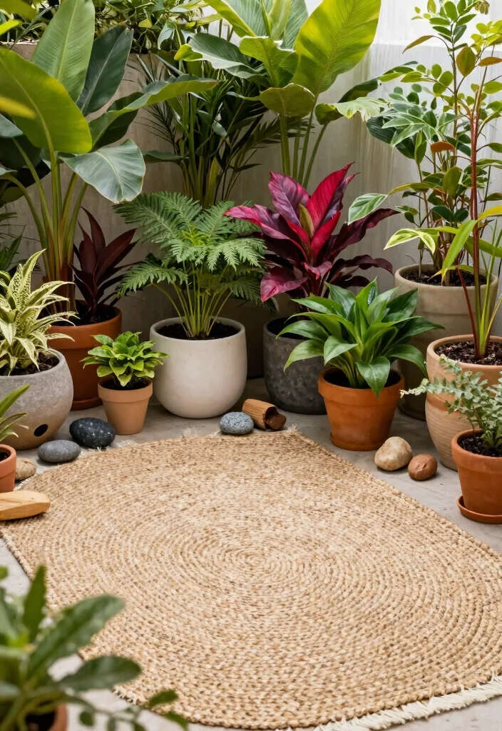 11 Natural Outdoor Jute Rug Patio Ideas Boho Vibe 6. Vibrant Planter Surround 0