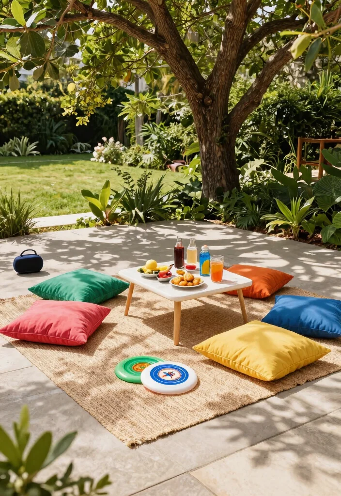 11 Natural Outdoor Jute Rug Patio Ideas Boho Vibe 8. Playful Picnic Space 0