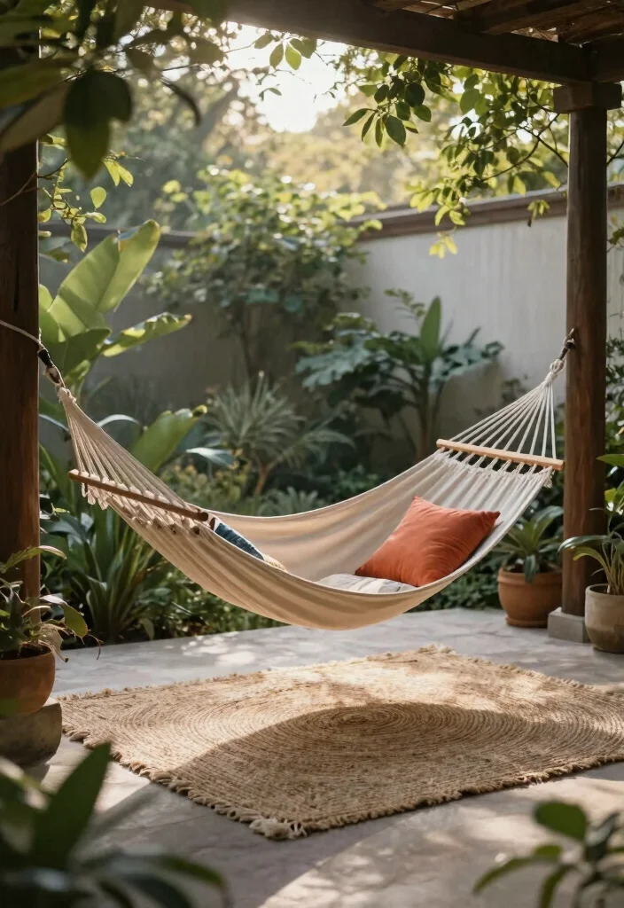 11 Natural Outdoor Jute Rug Patio Ideas Boho Vibe 9. Dreamy Hammock Retreat 0