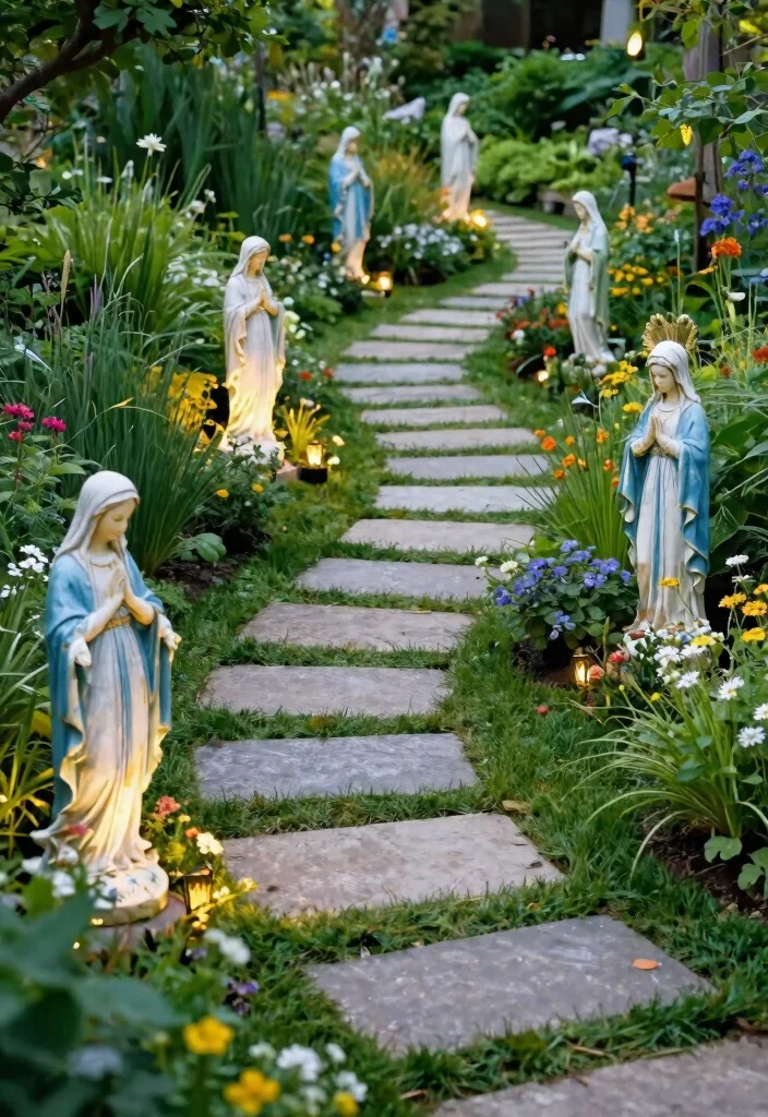11 Peaceful Virgin Mary Statue Garden Ideas 2. Garden Pathway Peace 0