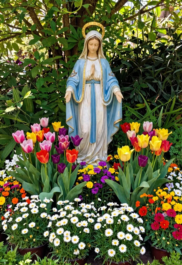 11 Peaceful Virgin Mary Statue Garden Ideas 6. Seasonal Blooms 0