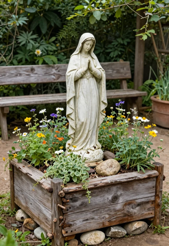11 Peaceful Virgin Mary Statue Garden Ideas 7. Rustic Charm 0