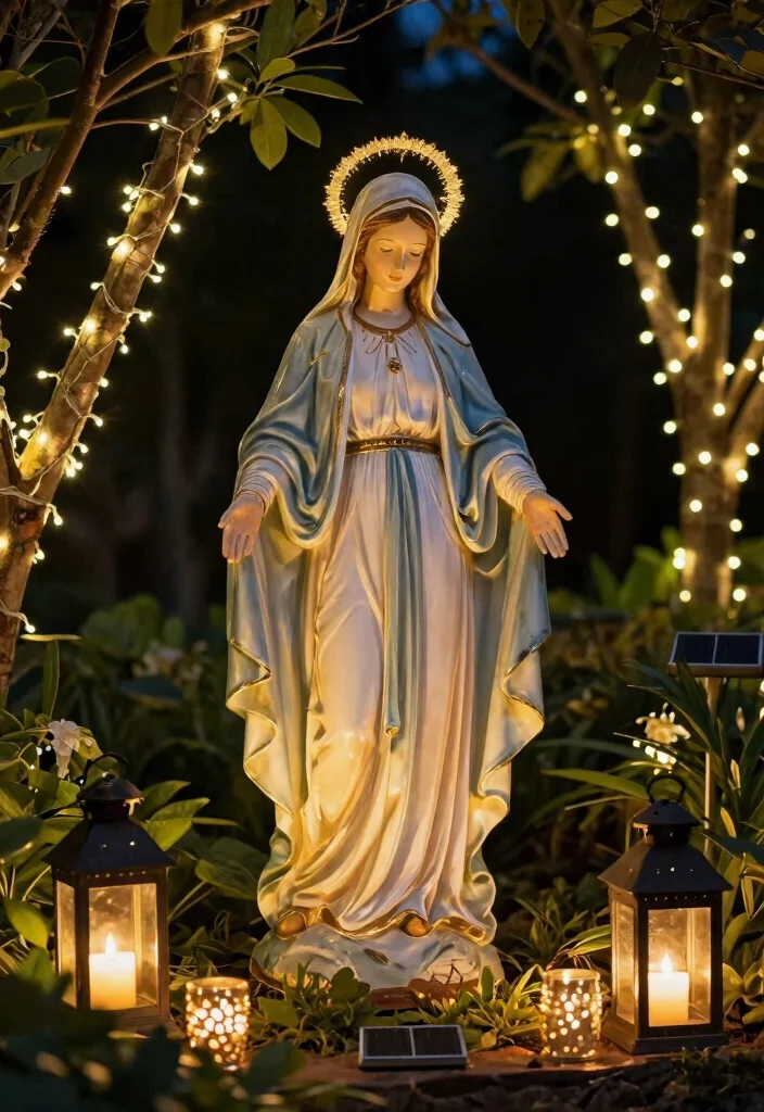11 Peaceful Virgin Mary Statue Garden Ideas 8. Nighttime Glow 0