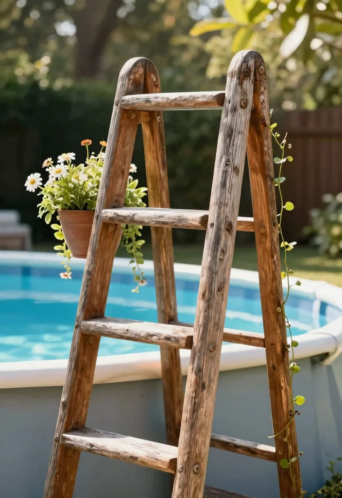 11 Safe Pool Ladder Ideas for Above Ground Pools 1. Rustic Wooden Ladder 0