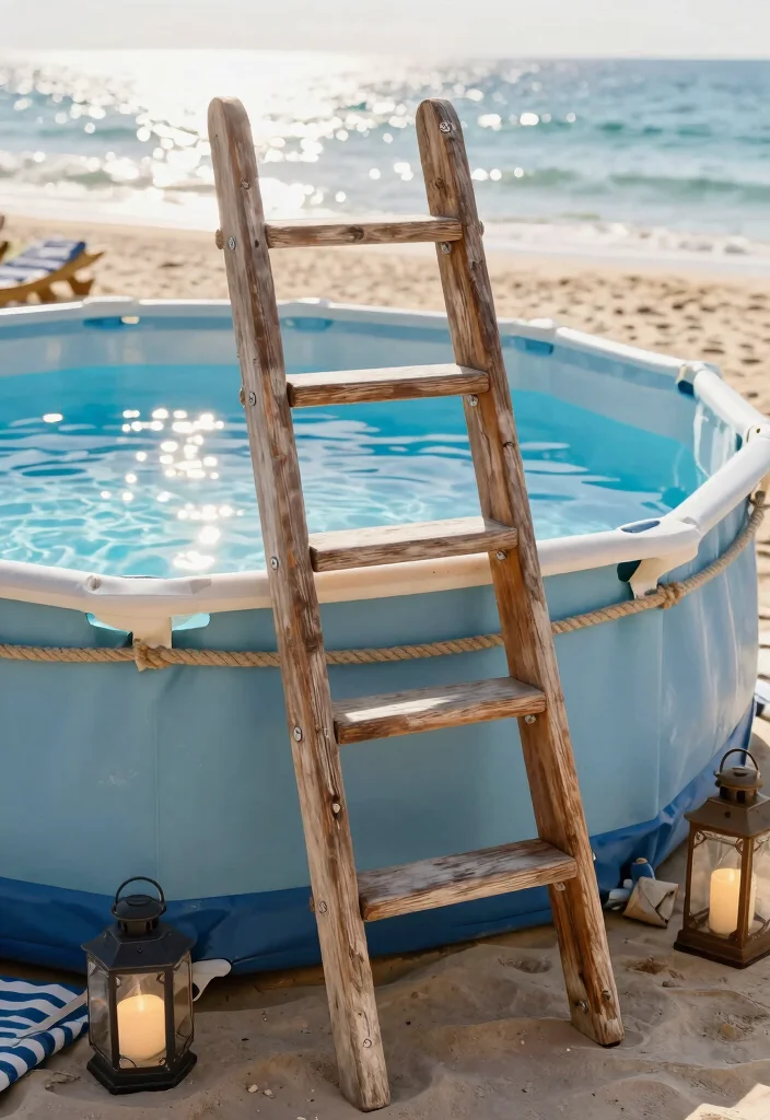 11 Safe Pool Ladder Ideas for Above Ground Pools 11. Nautical inspired Wooden Ladder 0