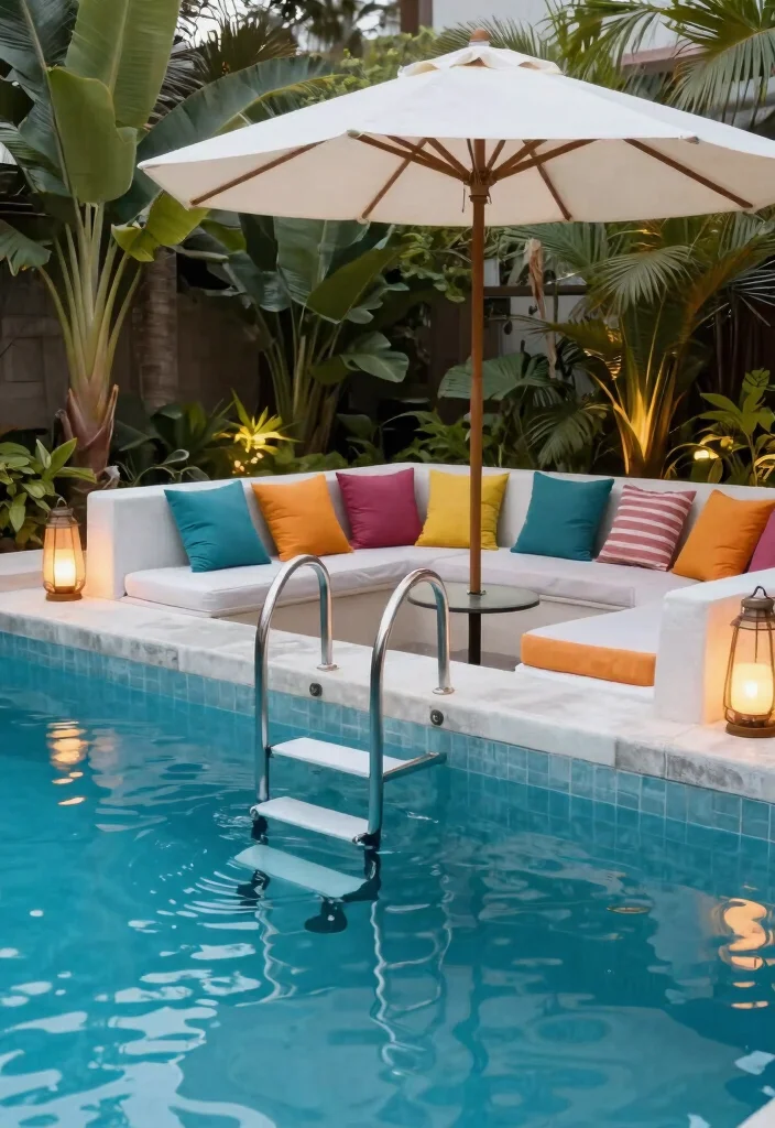 11 Safe Pool Ladder Ideas for Above Ground Pools 5. Floating Ladder with Poolside Seating 0