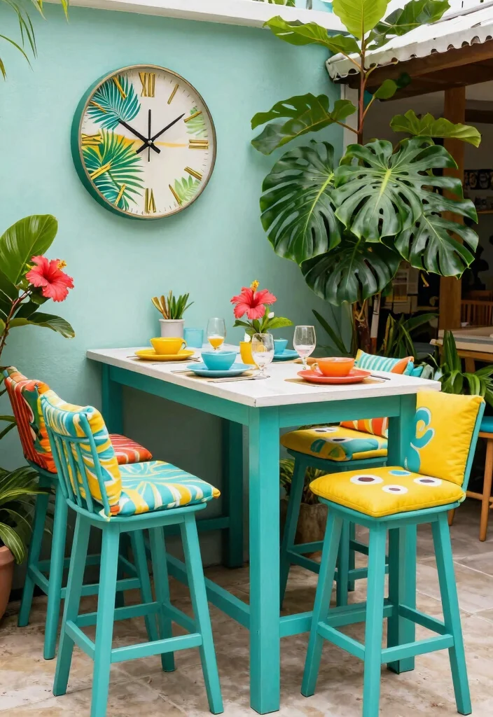 11 Stylish High Top Patio Dining Set Designs 4. Tropical Vibes with Bright Colors 0