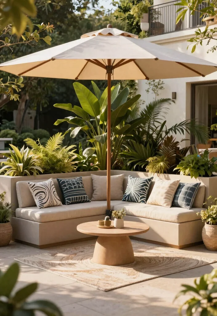 13 Clever Umbrella Base Planter Ideas Hide the Stand 12. Cozy Seating Area with Integrated Planters 0