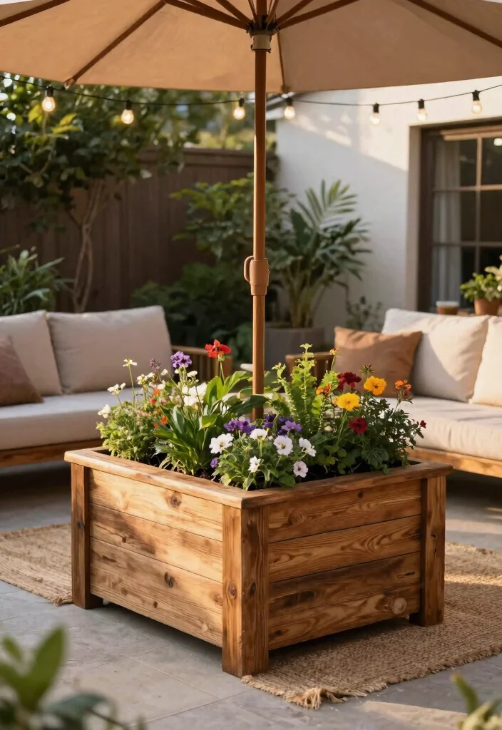 13 Clever Umbrella Base Planter Ideas Hide the Stand 5. Rustic Wooden Planter Box 0