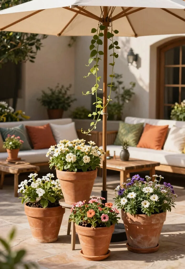 13 Clever Umbrella Base Planter Ideas Hide the Stand 6. Terracotta Dream 0