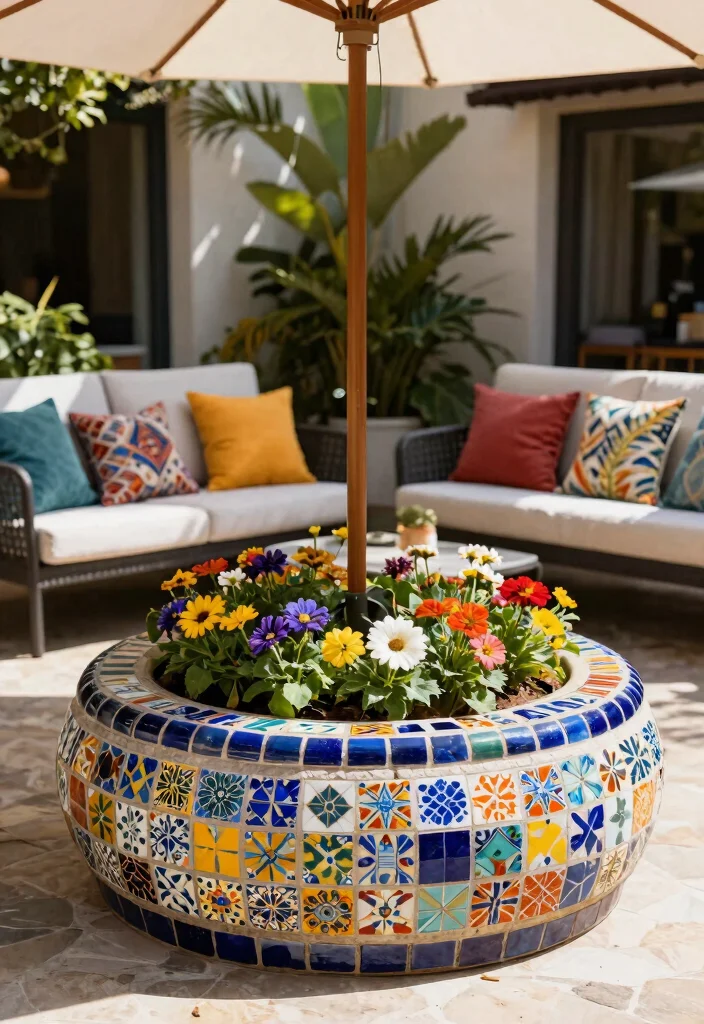 13 Clever Umbrella Base Planter Ideas Hide the Stand 8. Mosaic Magic 0