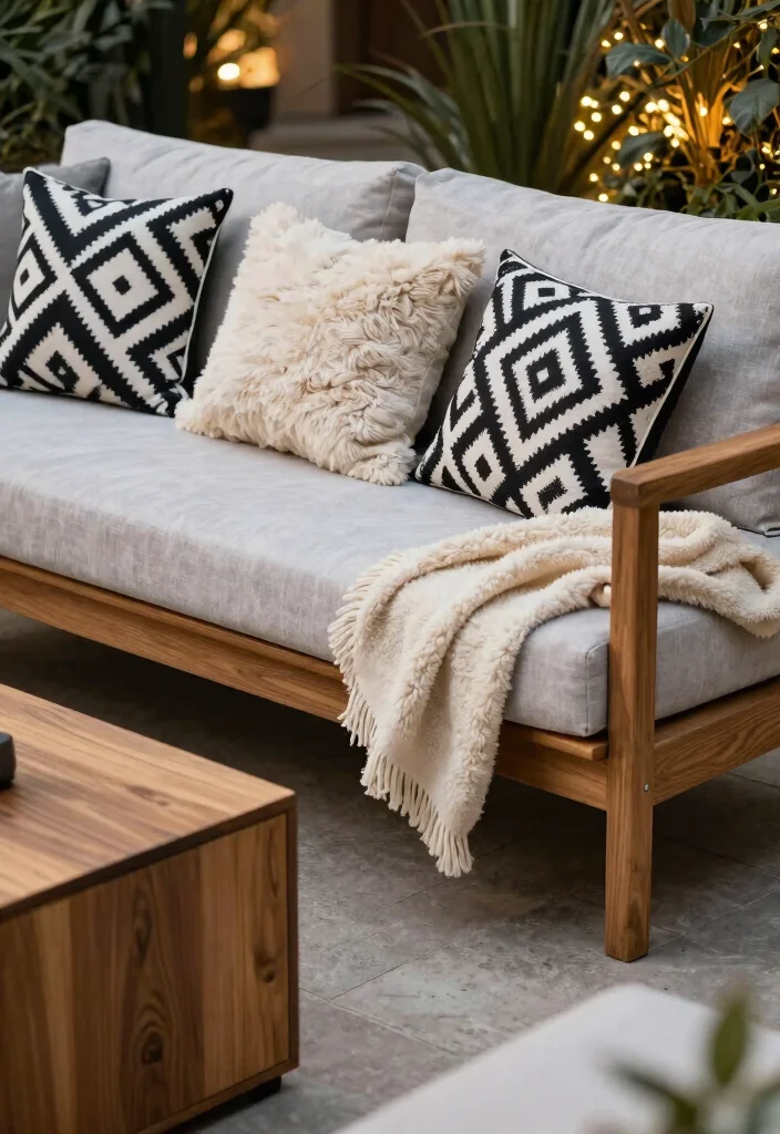 13 Cozy Outdoor Cushion Inspiration for Lounge Areas 3. Luxe Layering with Faux Fur 0