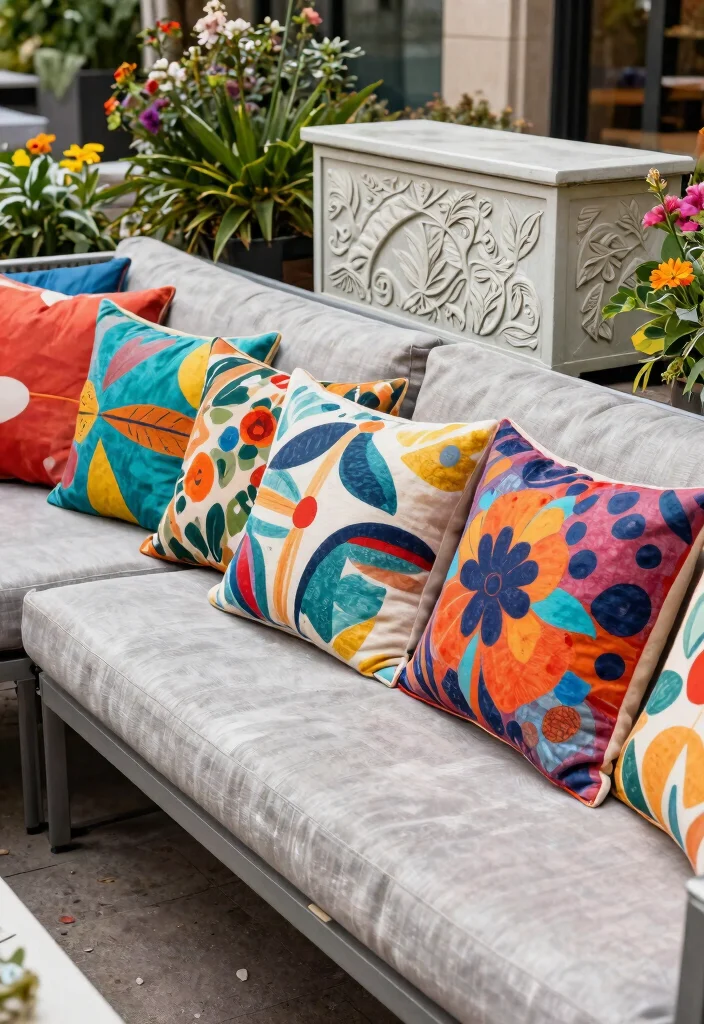 13 Cozy Outdoor Cushion Inspiration for Lounge Areas 5. Artistic Throw Pillows 0