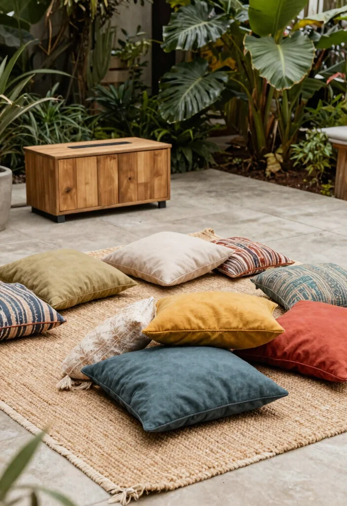 13 Cozy Outdoor Cushion Inspiration for Lounge Areas 9. Layered Outdoor Rugs and Cushions 0
