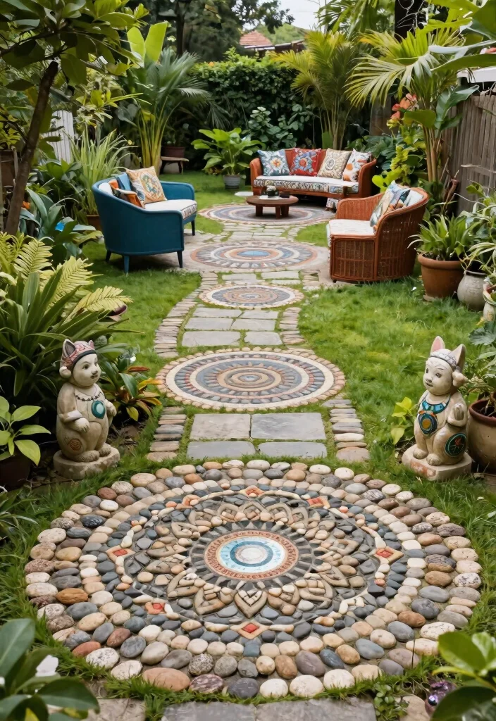 13 Dreamy Cafe Set Up Ideas for Your Backyard 11. Mandala Stone Pathway with Garden Furniture 0