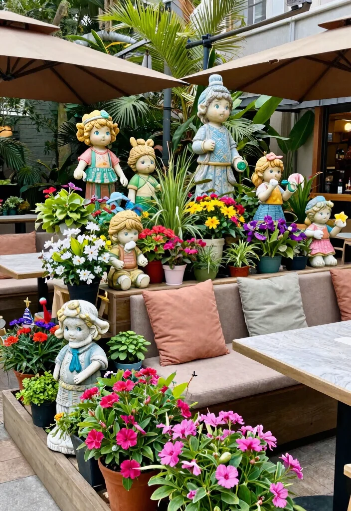 13 Dreamy Cafe Set Up Ideas for Your Backyard 12. Seasonal Decor with Whimsical Statues 0