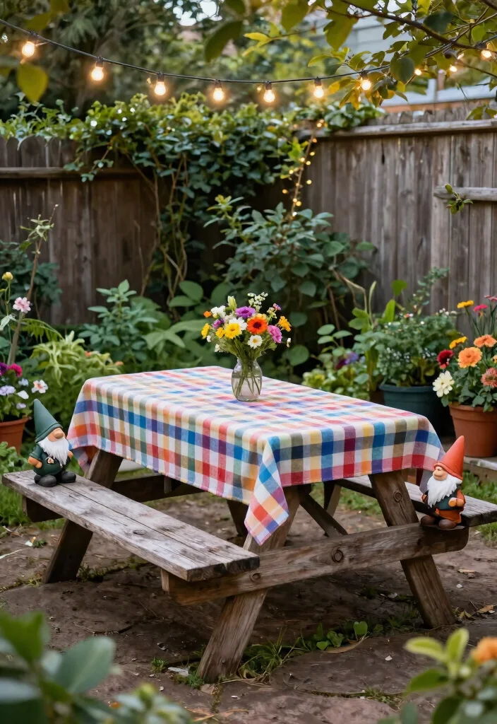 13 Dreamy Cafe Set Up Ideas for Your Backyard 2. Rustic Picnic Table with Garden Gnomes 0