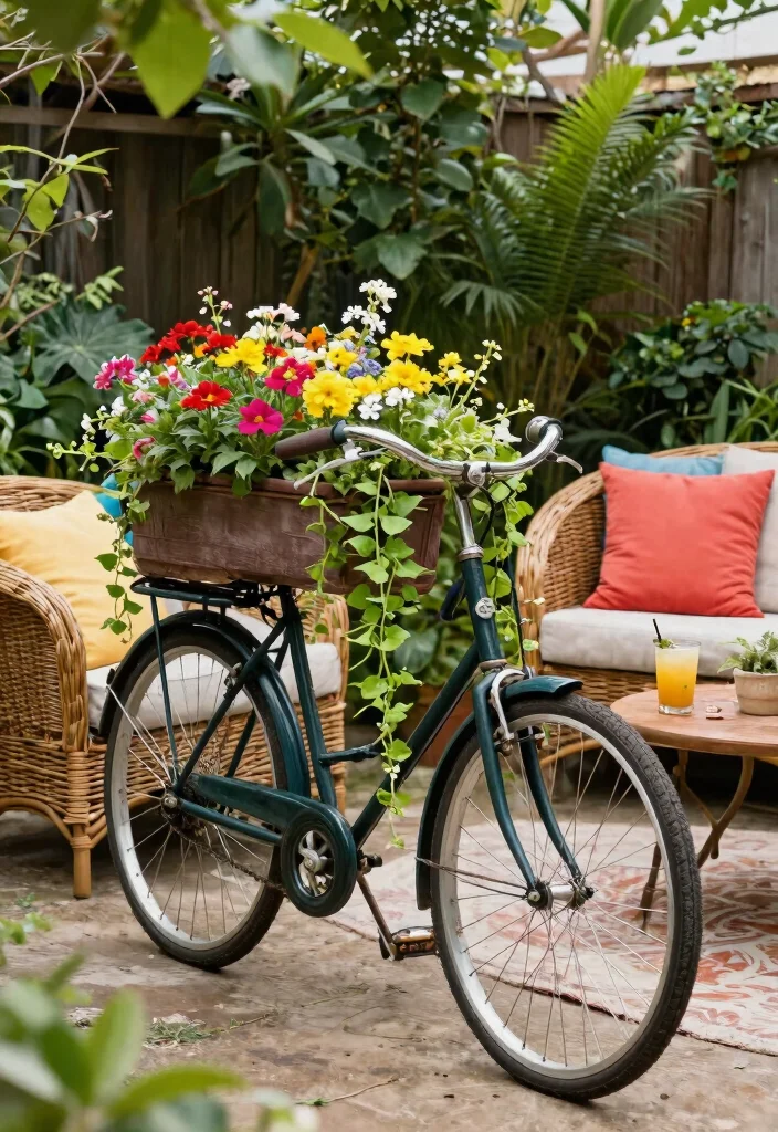 13 Dreamy Cafe Set Up Ideas for Your Backyard 3. Vintage Bicycle Planter with Outdoor Seating 0