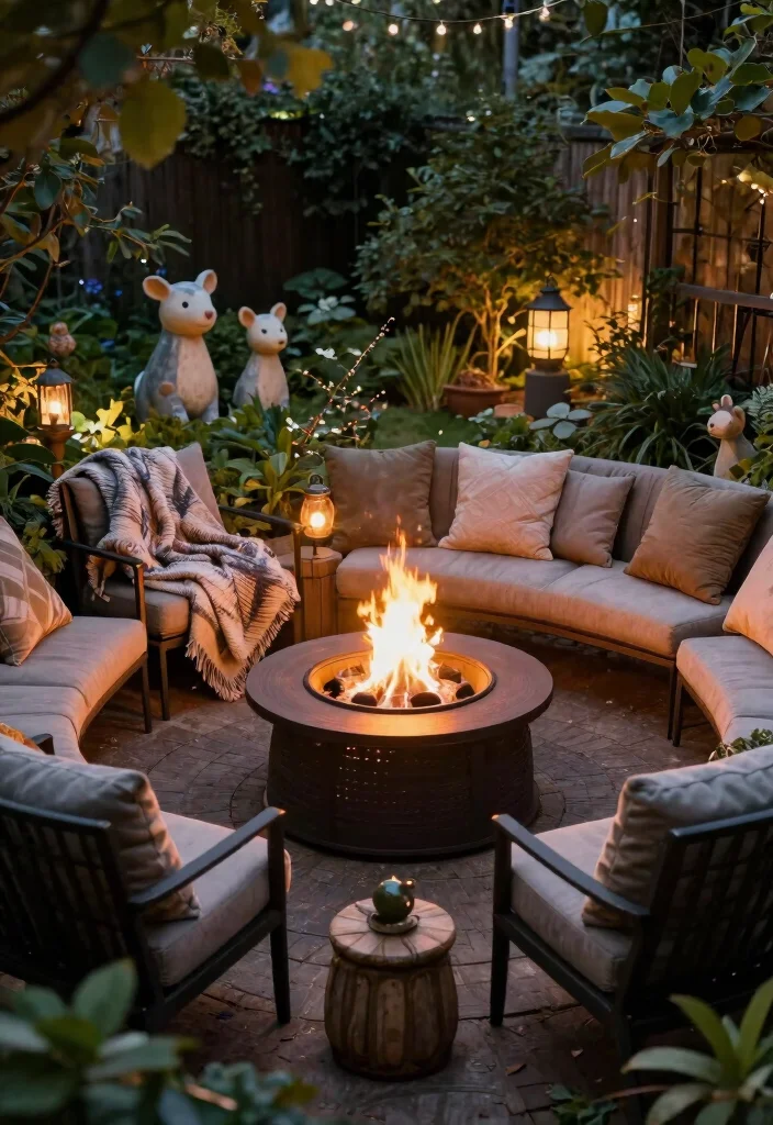 13 Dreamy Cafe Set Up Ideas for Your Backyard 4. Cozy Fire Pit with Garden Statues 0