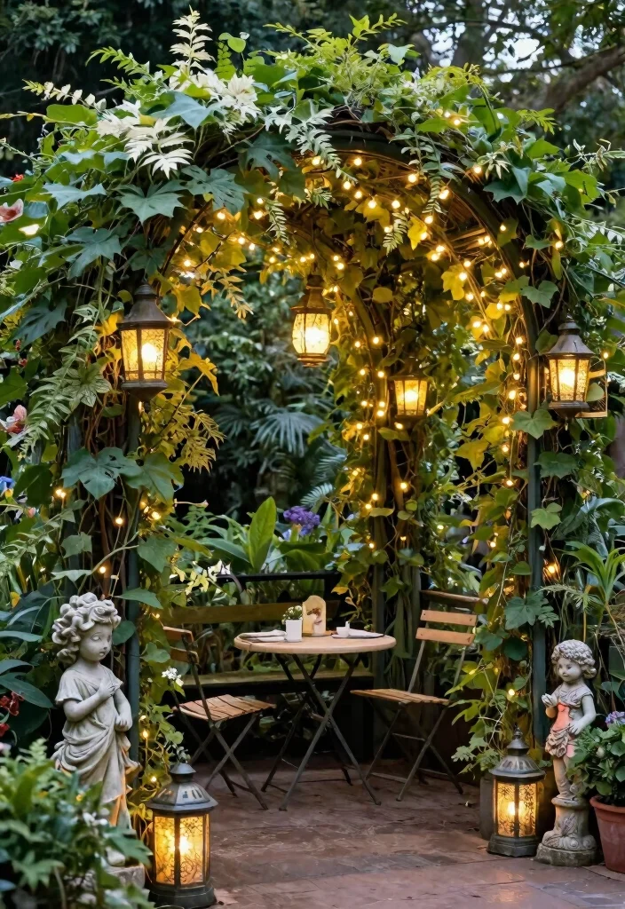 13 Dreamy Cafe Set Up Ideas for Your Backyard 5. Enchanted Garden Arch with Bistro Lights 0