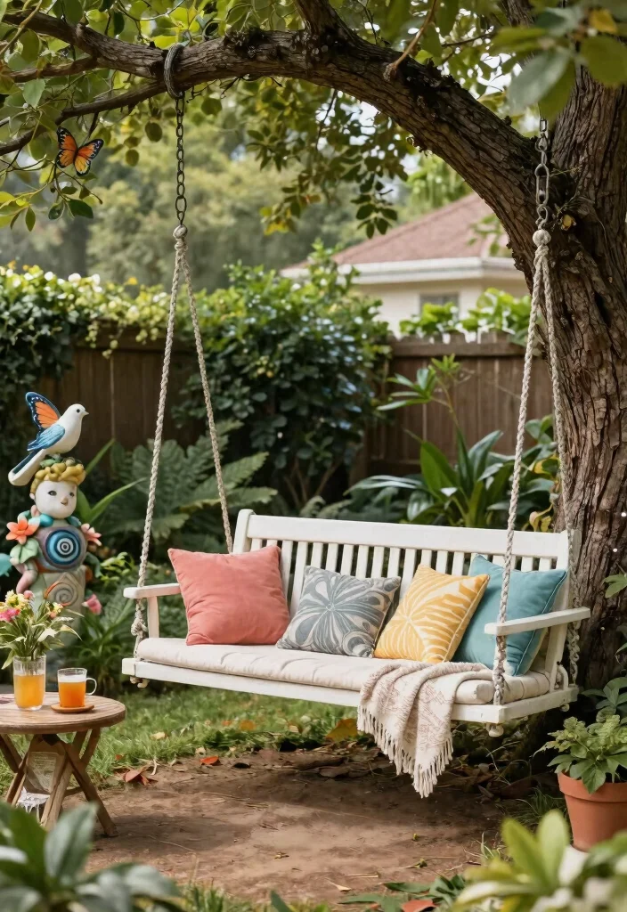 13 Dreamy Cafe Set Up Ideas for Your Backyard 6. Charming Swing Bench with Nature Inspired Statues 0