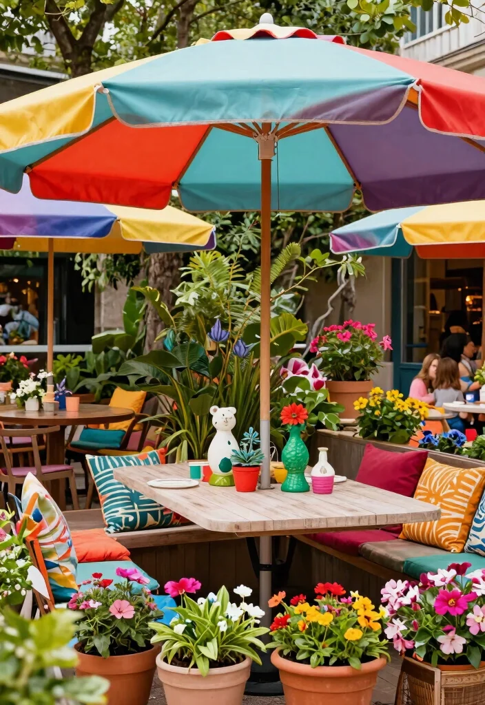 13 Dreamy Cafe Set Up Ideas for Your Backyard 7. Brightly Colored Umbrella with Playful Decor 0