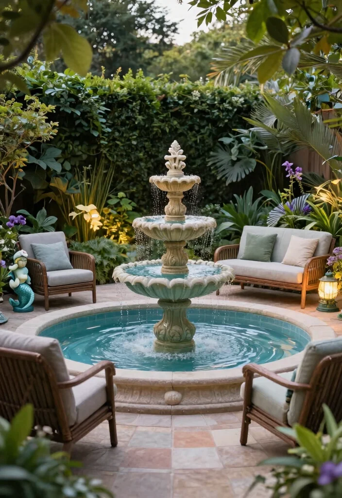 13 Dreamy Cafe Set Up Ideas for Your Backyard 8. Garden Fountain with Relaxing Seating 0