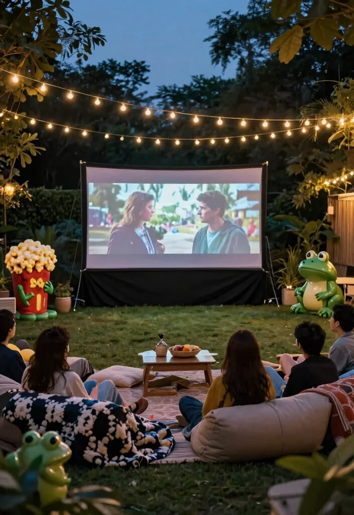 13 Dreamy Cafe Set Up Ideas for Your Backyard 9. Outdoor Movie Night Setup with Whimsical Statues 0