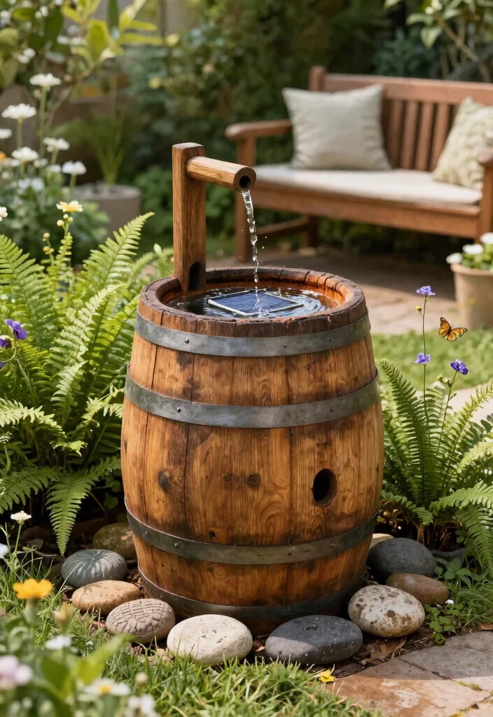 13 Easy DIY Water Feature Solar Fountain Ideas 1. Rustic Barrel Fountain 0