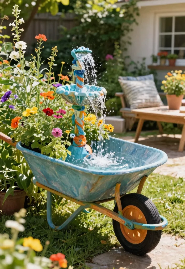 13 Easy DIY Water Feature Solar Fountain Ideas 12. Rustic Wheelbarrow Fountain 0