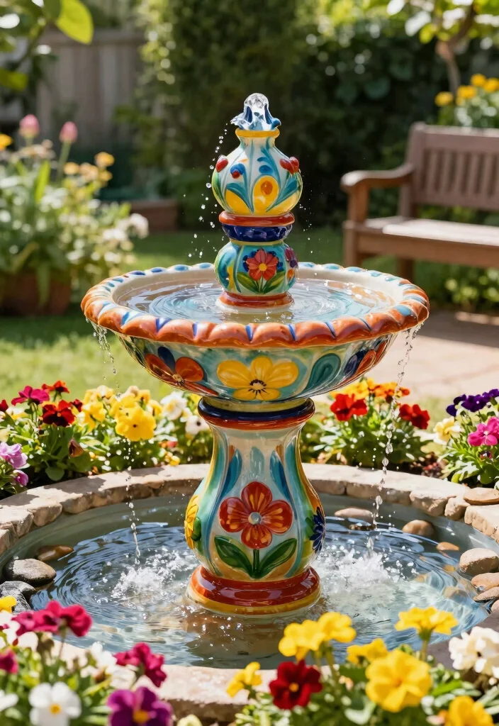 13 Easy DIY Water Feature Solar Fountain Ideas 3. Colorful Ceramic Pot Fountain 0