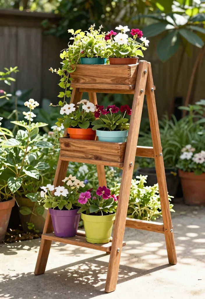 13 Practical Outdoor Shelving Ideas for Plant Displays 11 13 Practical Outdoor Shelving Ideas for Plant Displays 11. Ladder Planters 0
