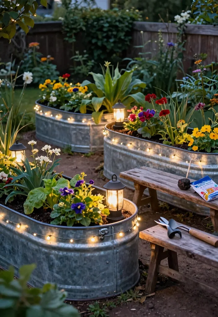 13 Rustic Raised Bed Garden Ideas Using Galvanized Metal 12. Galvanized Raised Beds with Lighting Features 0