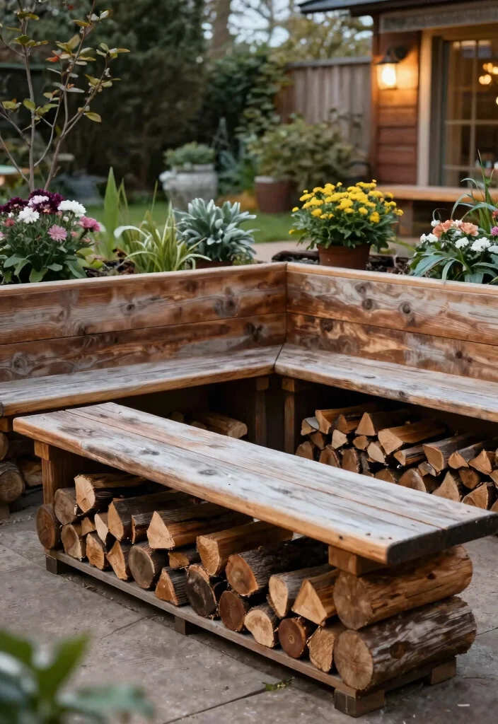 13 Sturdy Log Shelf Ideas for Winter Firewood Storage 12. Log Storage Beneath Benches 0