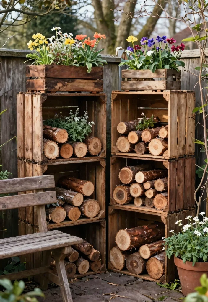 13 Sturdy Log Shelf Ideas for Winter Firewood Storage 3. Rustic Wooden Crate Storage 0