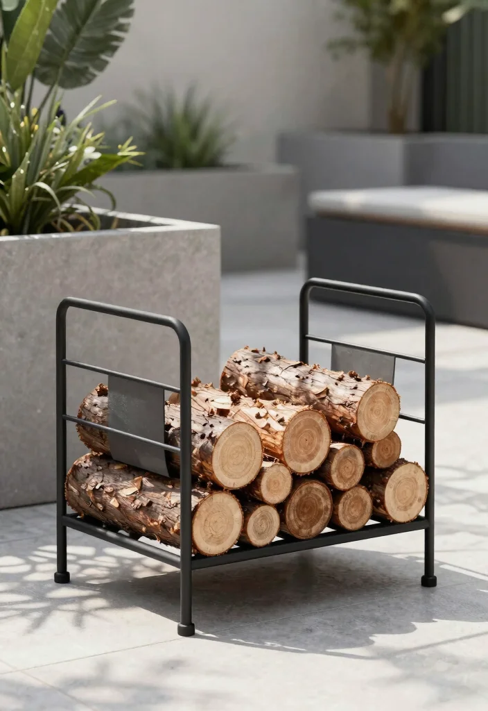13 Sturdy Log Shelf Ideas for Winter Firewood Storage 5. Contemporary Metal Log Rack 0