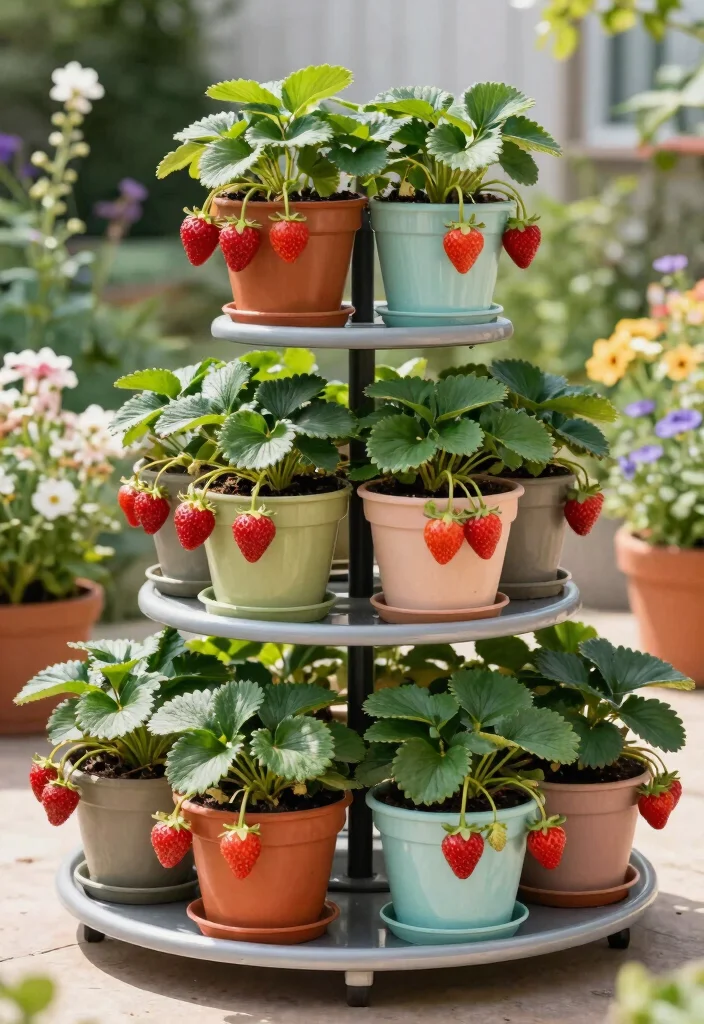 13 Sweet Strawberry Planter Ideas for Vertical Gardens 4. Vertical Tiers of Strawberry Pots 0