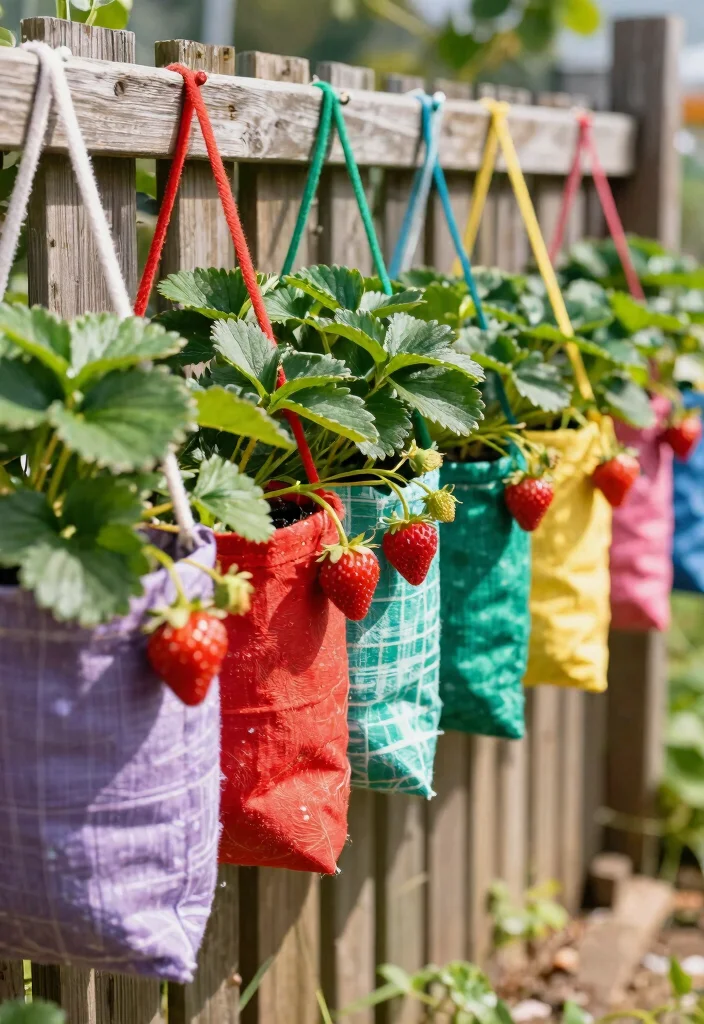 13 Sweet Strawberry Planter Ideas for Vertical Gardens 8. Vertical Fabric Planters 0