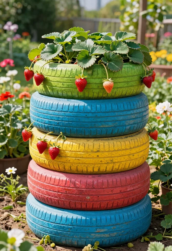 13 Sweet Strawberry Planter Ideas for Vertical Gardens 9. Recycled Tire Planters 0