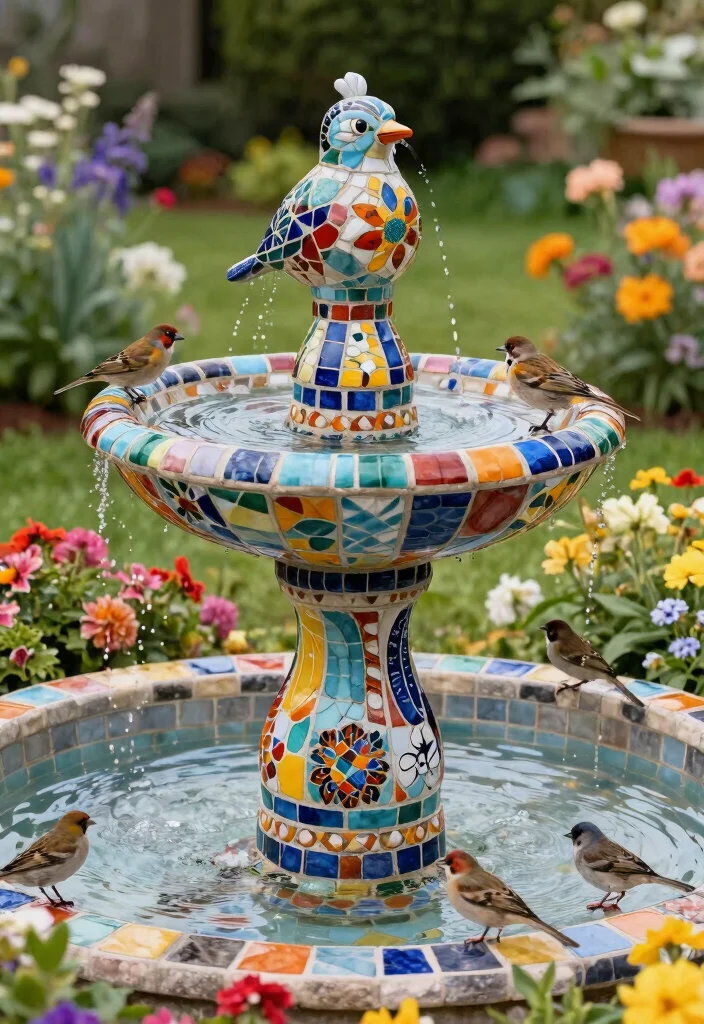 15 Beautiful Bird Bath Fountain Ideas to Attract Birds 11. Colorful Mosaic Bird Bath Fountain 0