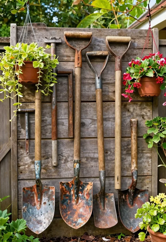 15 Beautiful Outdoor Garden Wall Art Inspiration 10. Vintage Farm Tools as Decor 0