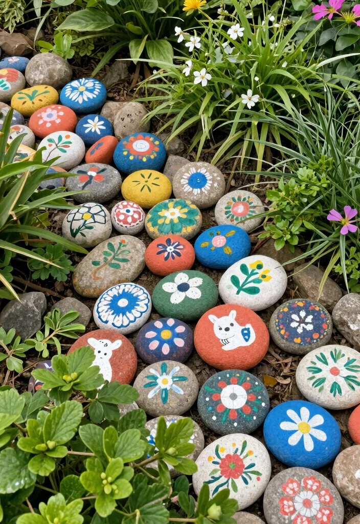 15 Beautiful Outdoor Garden Wall Art Inspiration 14. Painted Stones and Rocks 0