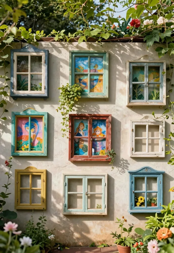 15 Beautiful Outdoor Garden Wall Art Inspiration 3. Vintage Window Frames 0